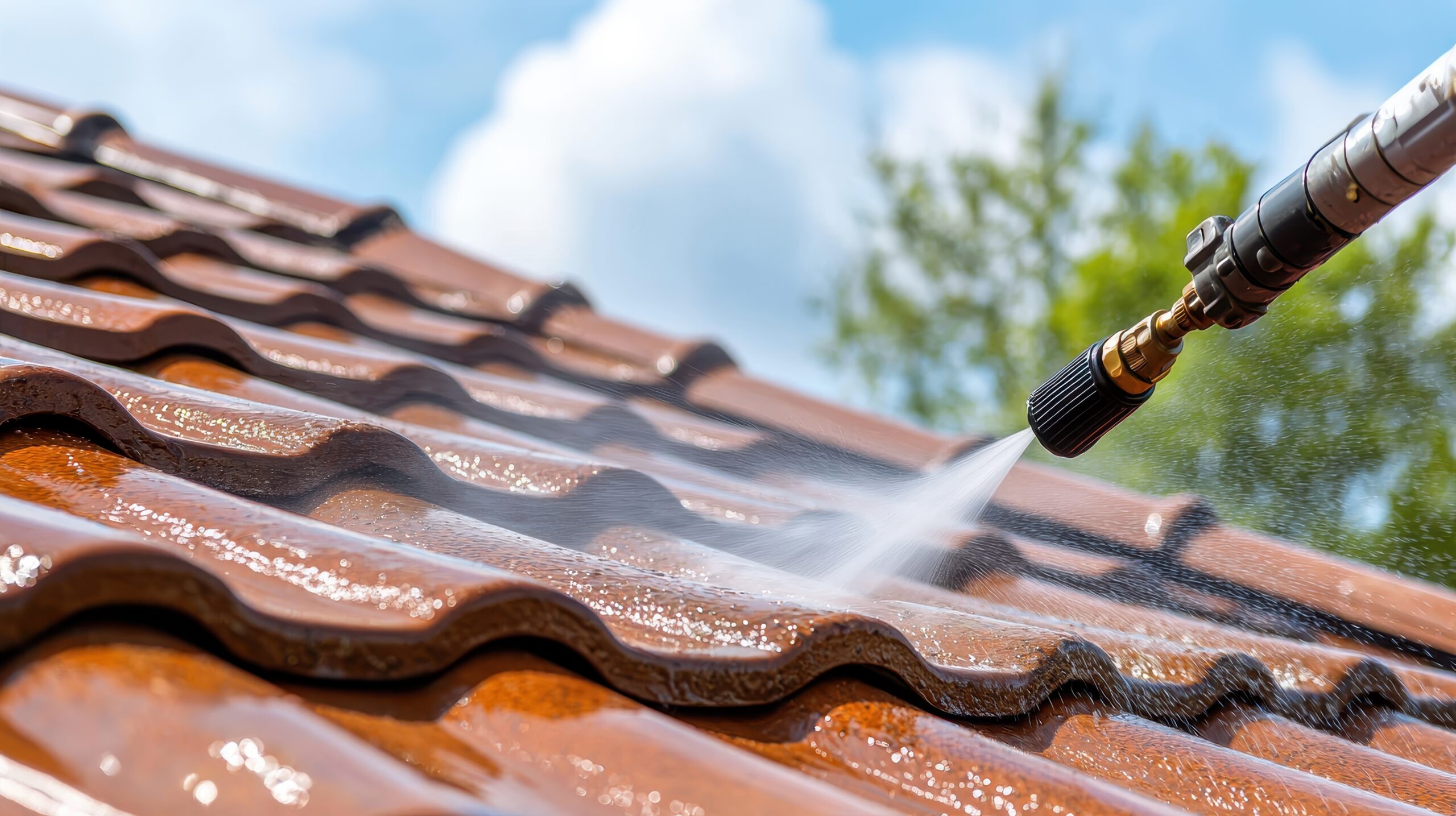 close up of a pressure washer cleaning red roof tiles, removing dirt and debris, emphasizing home maintenance and care.